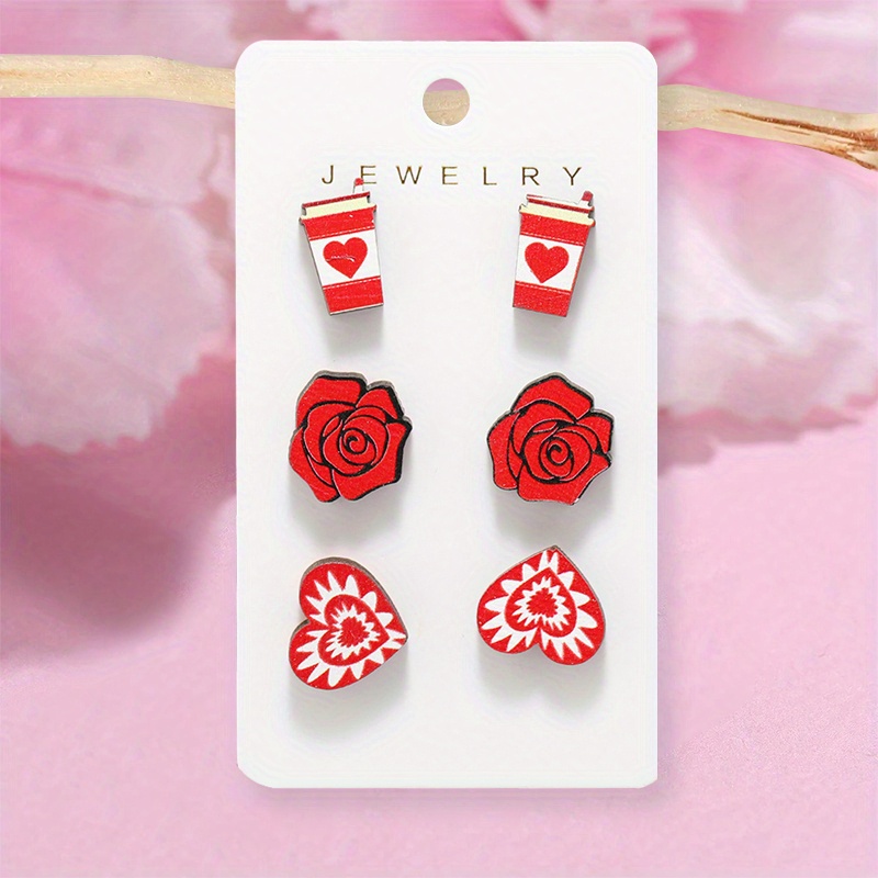 6 Pairs Women's Fashion Cartoon Bear & Rose Stud Earrings